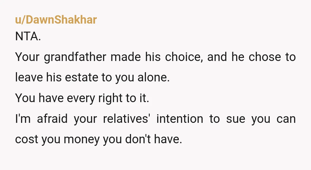 u/DawnShakhar NTA. Your grandfather made his choice, and he chose to leave his estate to you alone. You have every right to it. I'm afraid your relatives' intention to sue...
