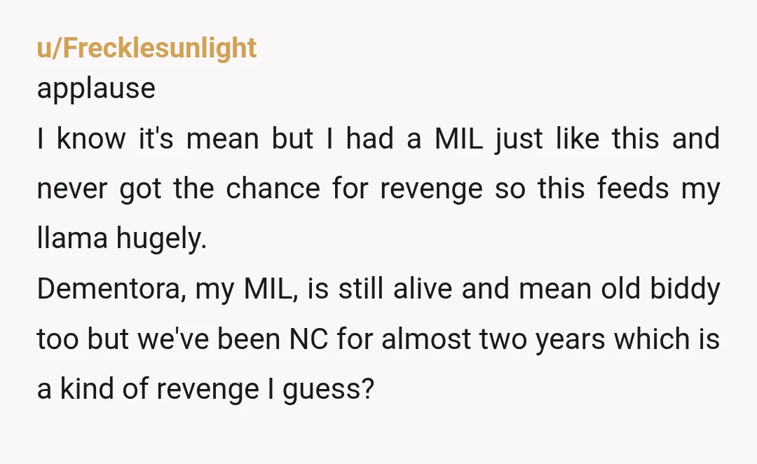 u/Frecklesunlight applause I know it's mean but I had a MIL just like this and never got the chance for revenge so this feeds my llama hugely. Dementora, my MIL,...