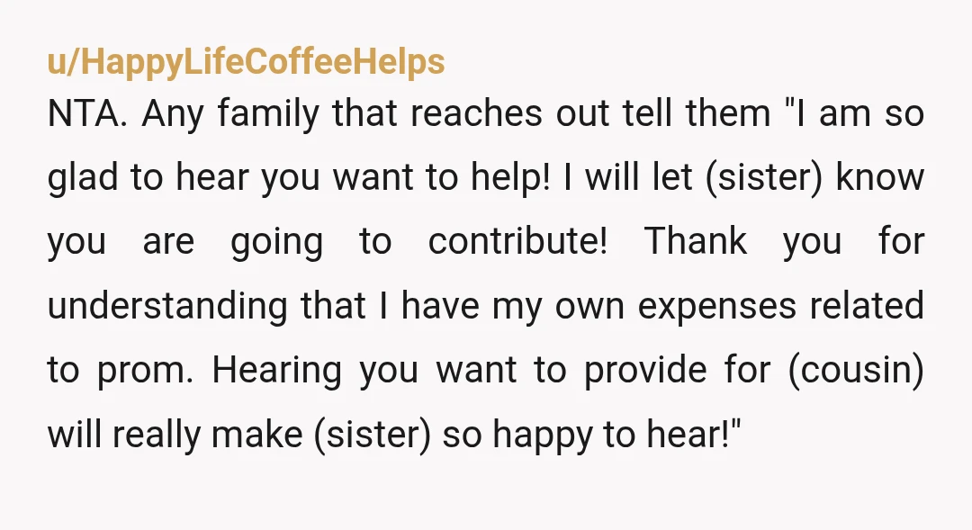u/HappyLifeCoffeeHelps NTA. Any family that reaches out tell them "I am so glad to hear you want to help! I will let (sister) know you are going to contribute! Thank...