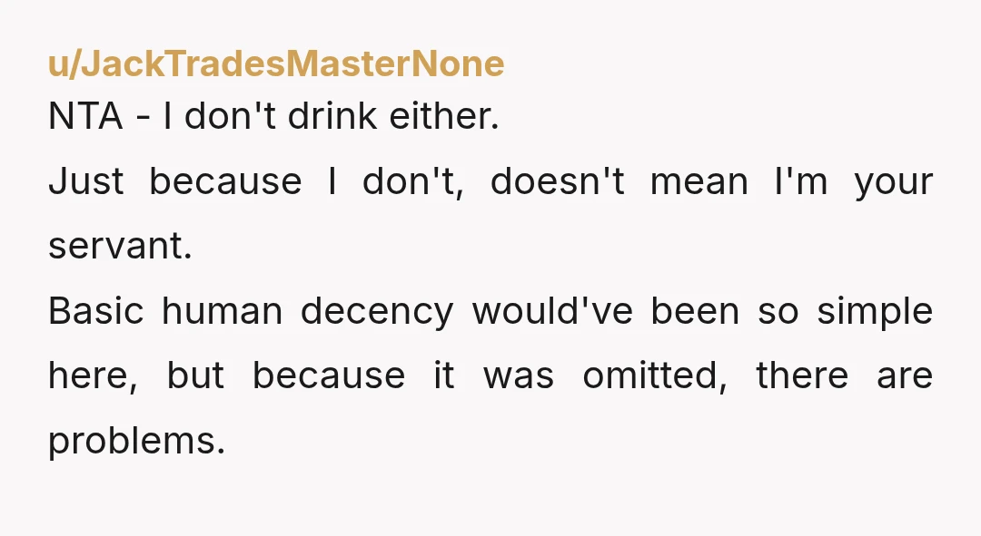 u/JackTradesMasterNone NTA - I don't drink either. Just because I don't, doesn't mean I'm your servant. Basic human decency would've been so simple here, but because it was omitted, there...