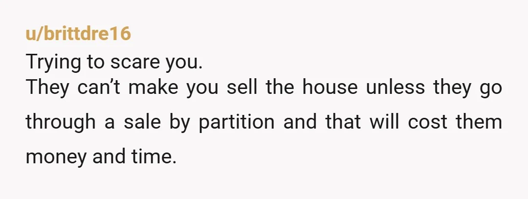 u/brittdre16 Trying to scare you. They can’t make you sell the house unless they go through a sale by partition and that will cost them money and time.