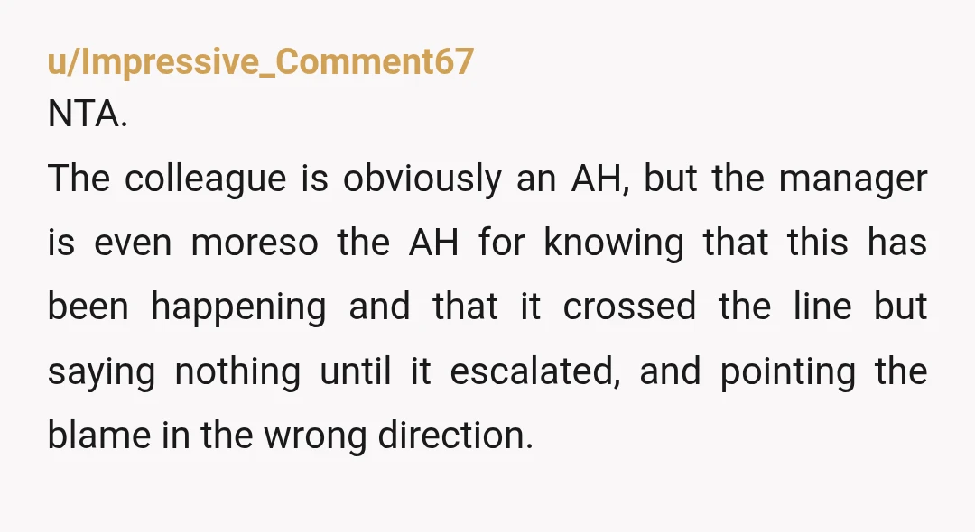 u/Impressive_Comment67 NTA. The colleague is obviously an AH, but the manager is even moreso the AH for knowing that this has been happening and that it crossed the line but...
