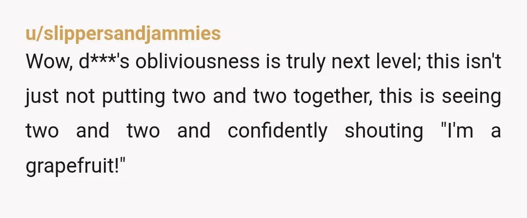 u/slippersandjammies
Wow, d***'s obliviousness is truly next level; this isn't just not putting two and two together, this is seeing two and two and confidently shouting "I'm a grapefruit!"