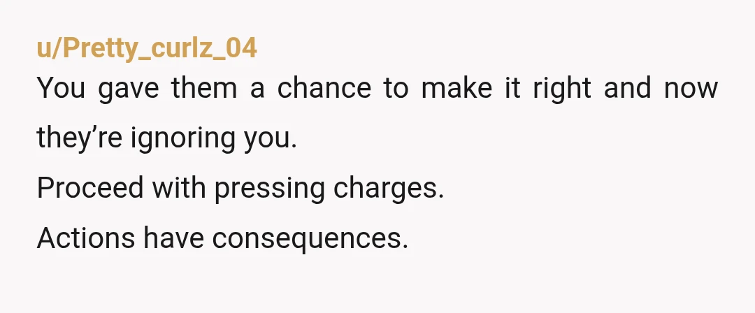 u/Pretty_curlz_04 You gave them a chance to make it right and now they’re ignoring you. Proceed with pressing charges. Actions have consequences.