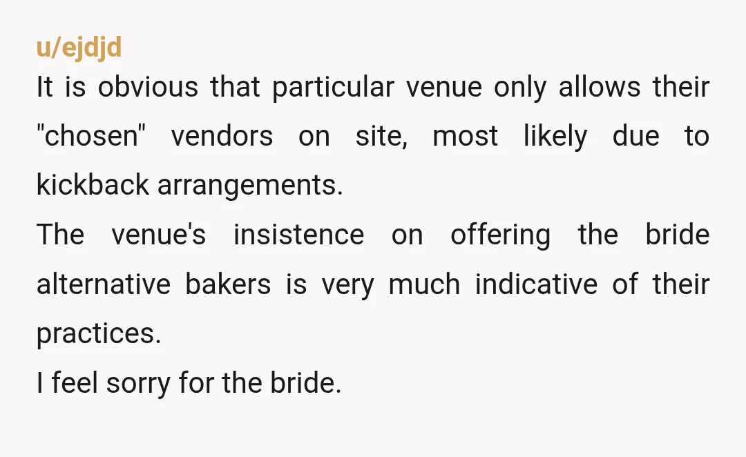 u/HorseFeathersFur I recieved several warnings from other wedding industry friends in my area that this venue was notoriously difficult to work with You’re ta for ignoring the warnings, but NTA...