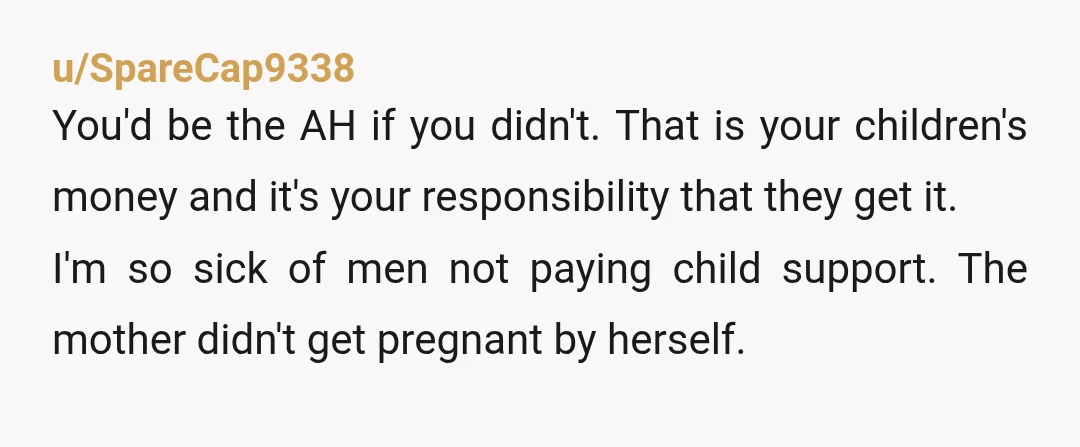 u/SpareCap9338 You'd be the AH if you didn't. That is your children's money and it's your responsibility that they get it. I'm so sick of men not paying child support....