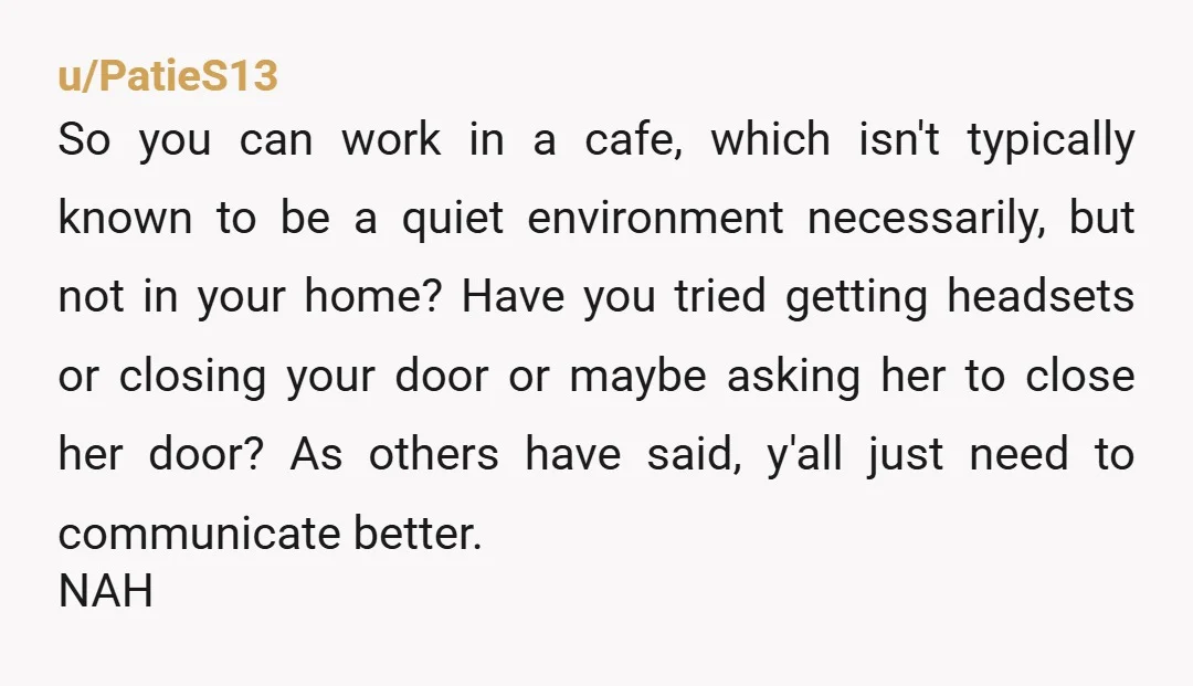 u/PatieS13 So you can work in a cafe, which isn't typically known to be a quiet environment necessarily, but not in your home? Have you tried getting headsets or closing...