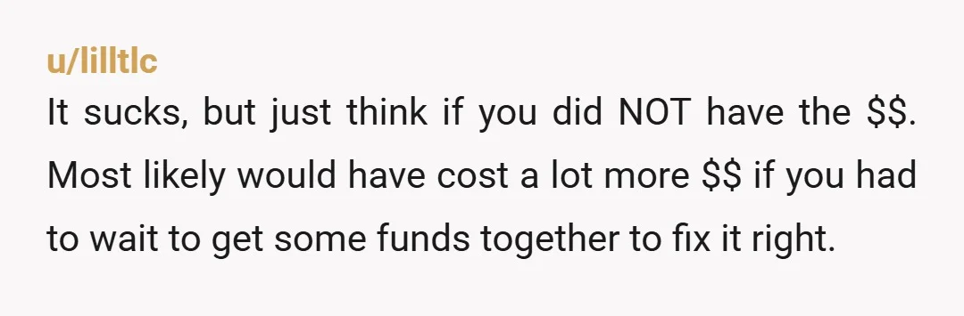 u/lilltlc It sucks, but just think if you did NOT have the $$. Most likely would have cost a lot more $$ if you had to wait to get some...