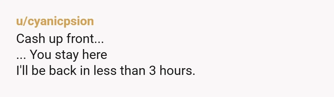 u/cyanicpsion
Cash up front...
... You stay here
I'll be back in less than 3 hours.