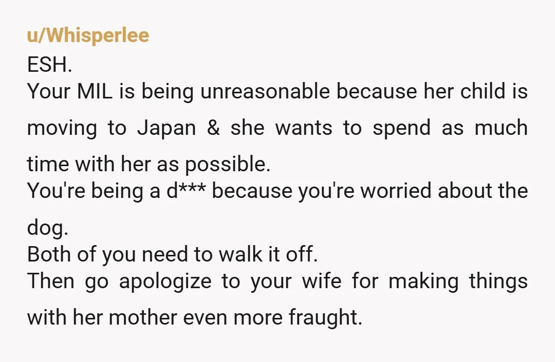 u/Whisperlee ESH. Your MIL is being unreasonable because her child is moving to Japan & she wants to spend as much time with her as possible. You're being a d***...