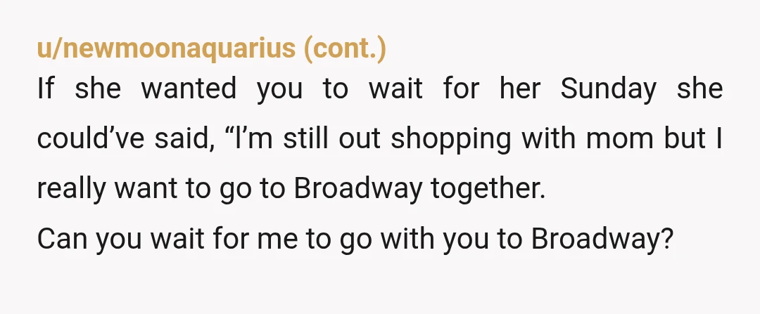 u/BeeFree66
You're NTA.Â
Cousin is unreasonable with her expectations of part of the group.
Not everyone is thrilled to shop.Â