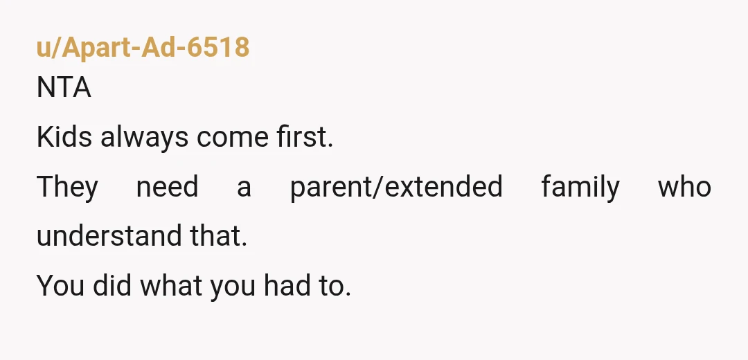 u/Apart-Ad-6518 NTA Kids always come first. They need a parent/extended family who understand that. You did what you had to.