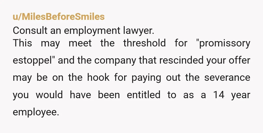u/MilesBeforeSmiles Consult an employment lawyer. This may meet the threshold for "promissory estoppel" and the company that rescinded your offer may be on the hook for paying out the severance...