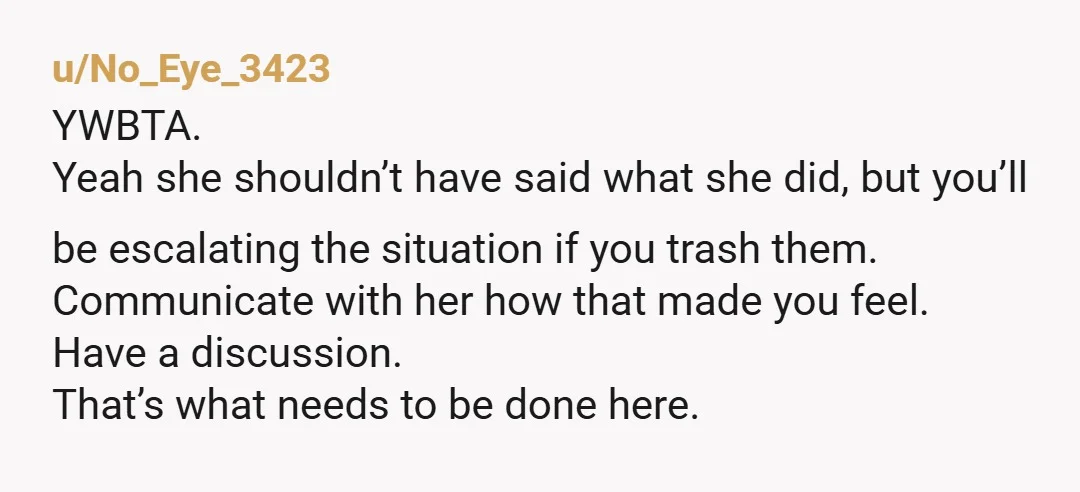 u/No_Eye_3423 YWBTA. Yeah she shouldn’t have said what she did, but you’ll be escalating the situation if you trash them. Communicate with her how that made you feel. Have a...