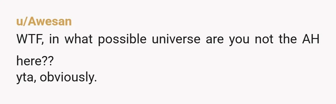 u/Awesan
WTF, in what possible universe are you not the AH here??
yta, obviously.
