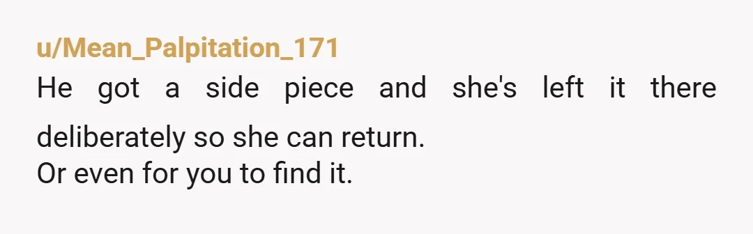 u/Mean_Palpitation_171
He got a side piece and she's left it there deliberately so she can return.
Or even for you to find it.