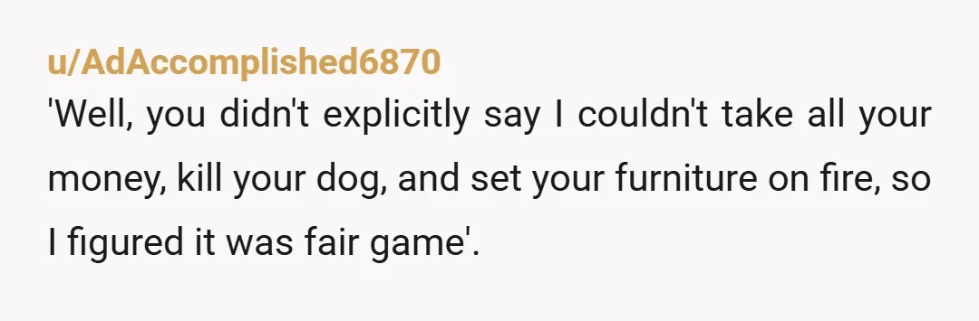 u/AdAccomplished6870
'Well, you didn't explicitly say I couldn't take all your money, kill your dog, and set your furniture on fire, so I figured it was fair game'.