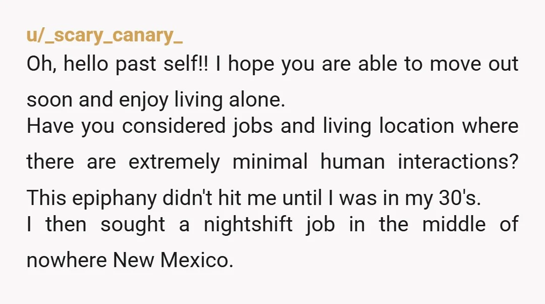u/_scary_canary_ Oh, hello past self!! I hope you are able to move out soon and enjoy living alone. Have you considered jobs and living location where there are extremely minimal...