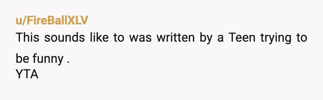 u/FireBallXLV
This sounds like to was written by a Teen trying to be funny .
YTA