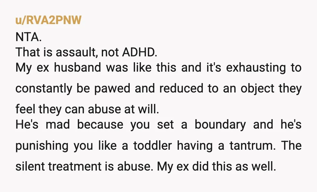 u/RVA2PNW NTA. That is assault, not ADHD. My ex husband was like this and it's exhausting to constantly be pawed and reduced to an object they feel they can abuse...