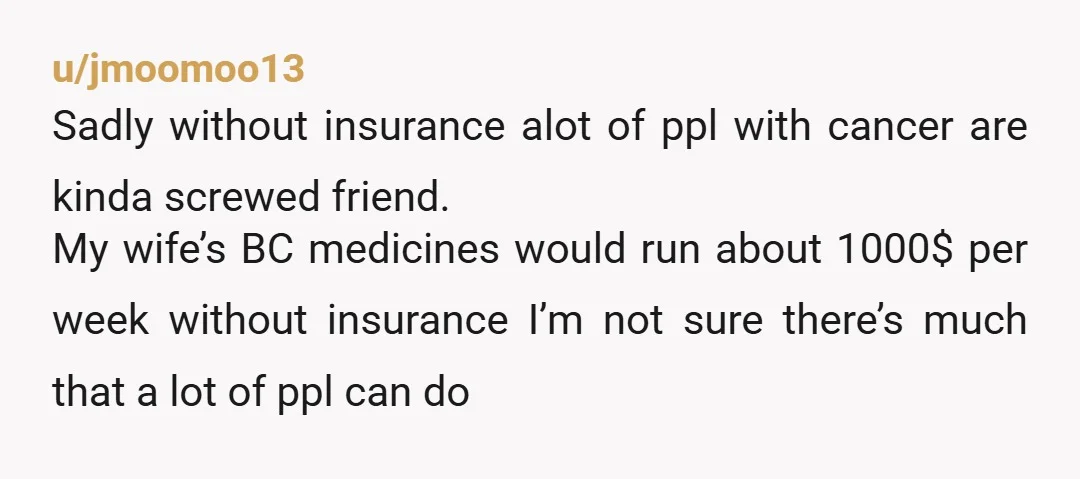 u/jmoomoo13 Sadly without insurance alot of ppl with cancer are kinda screwed friend. My wife’s BC medicines would run about 1000$ per week without insurance I’m not sure there’s much...