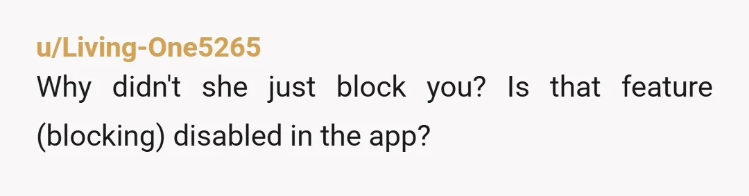 u/Living-One5265
Why didn't she just block you? Is that feature (blocking) disabled in the app?
