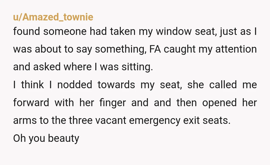u/Amazed_townie found someone had taken my window seat, just as I was about to say something, FA caught my attention and asked where I was sitting. I think I nodded...