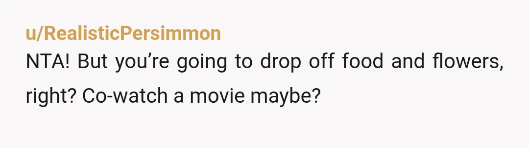 u/RealisticPersimmon
NTA! But you’re going to drop off food and flowers, right? Co-watch a movie maybe?