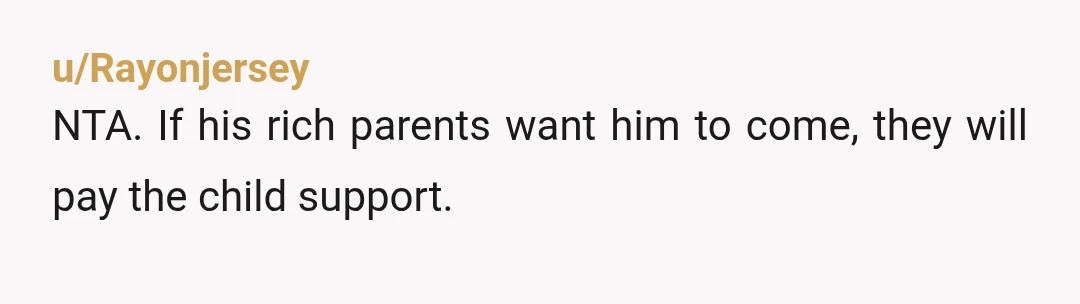 u/Rayonjersey
NTA.  If his rich parents want him to come, they will pay the child support.