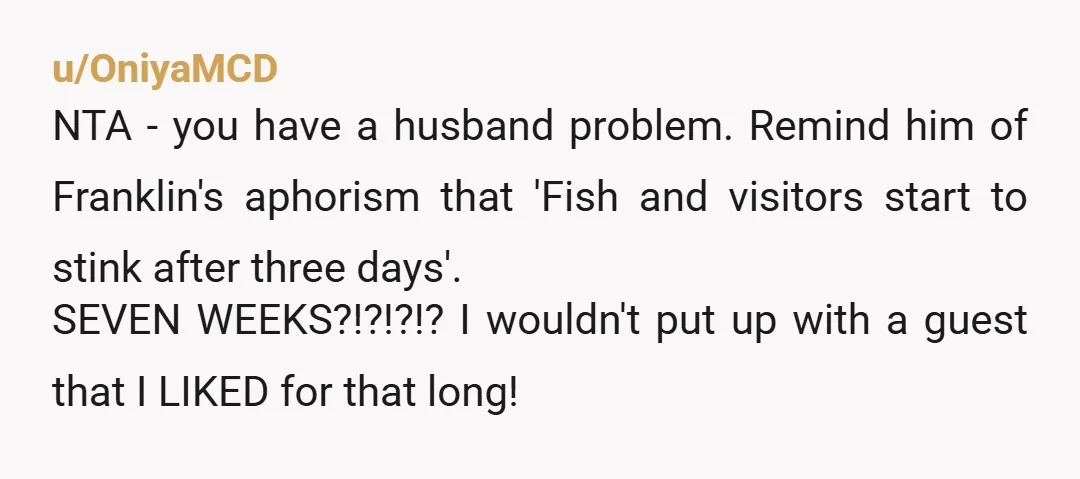 u/OniyaMCD NTA - you have a husband problem. Remind him of Franklin's aphorism that 'Fish and visitors start to stink after three days'. SEVEN WEEKS?!?!?!? I wouldn't put up with...
