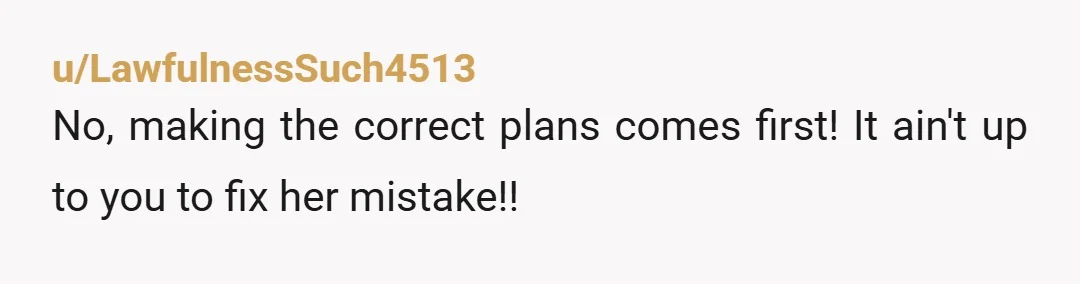 u/LawfulnessSuch4513 No, making the correct plans comes first! It ain't up to you to fix her mistake!!