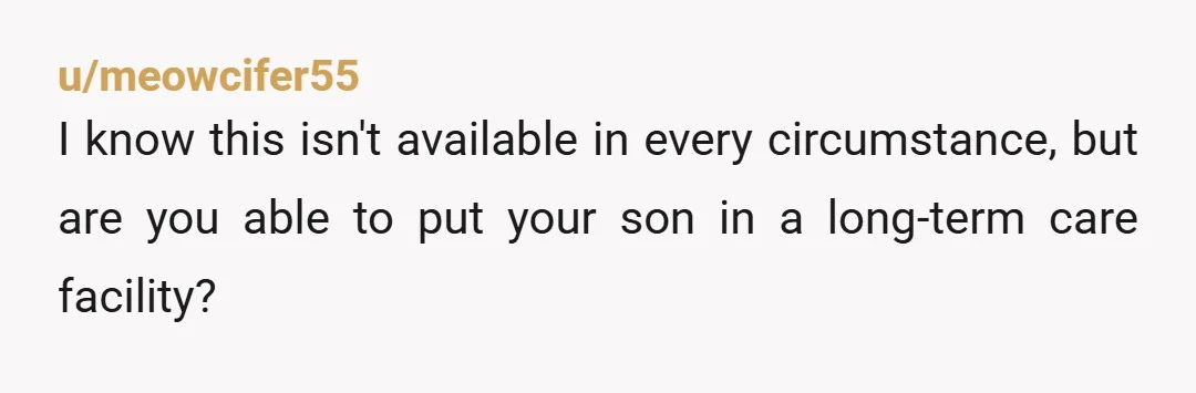 u/meowcifer55
I know this isn't available in every circumstance, but are you able to put your son in a long-term care facility?