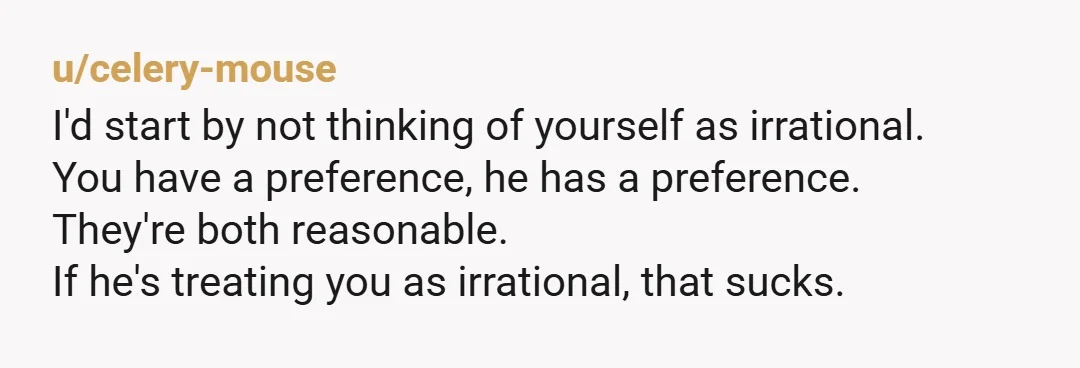 u/celery-mouse I'd start by not thinking of yourself as irrational. You have a preference, he has a preference. They're both reasonable. If he's treating you as irrational, that sucks. But...
