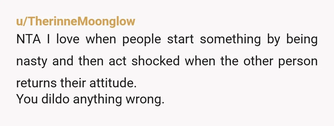 u/TherinneMoonglow
NTA I love when people start something by being nasty and then act shocked when the other person returns their attitude.
You dildo anything wrong.