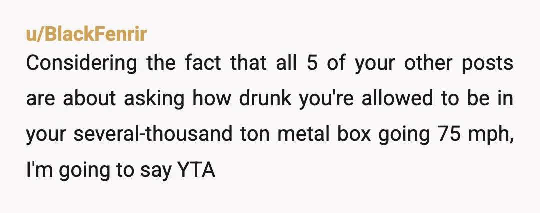 u/BlackFenrir Considering the fact that all 5 of your other posts are about asking how drunk you're allowed to be in your several-thousand ton metal box going 75 mph, I'm...