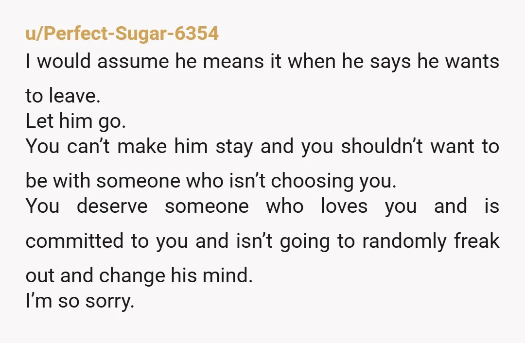 u/Perfect-Sugar-6354 I would assume he means it when he says he wants to leave. Let him go. You can’t make him stay and you shouldn’t want to be with someone...