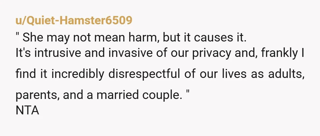 u/Quiet-Hamster6509 " She may not mean harm, but it causes it. It's intrusive and invasive of our privacy and, frankly I find it incredibly disrespectful of our lives as adults,...