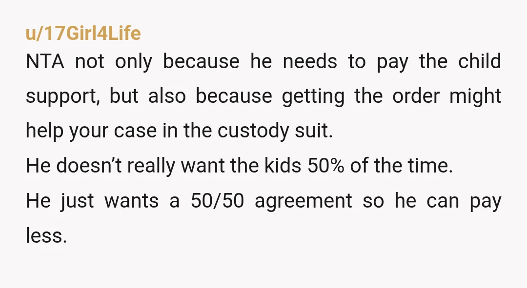 u/17Girl4Life NTA not only because he needs to pay the child support, but also because getting the order might help your case in the custody suit. He doesn’t really want...