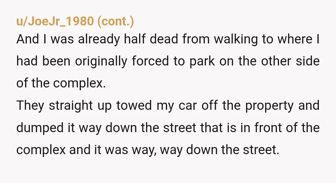 u/JoeJr_1980 Yeah they had the maintenance guy find my car and walk me to it . It was dumped off property about a mile down the road. They wouldn’t even...