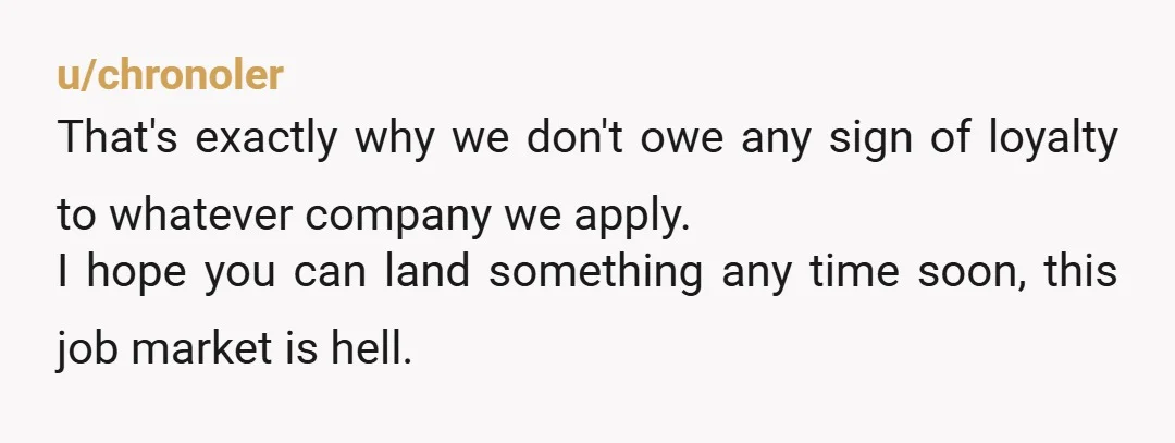 u/chronoler
That's exactly why we don't owe any sign of loyalty to whatever company we apply.
I hope you can land something any time soon, this job market is hell.