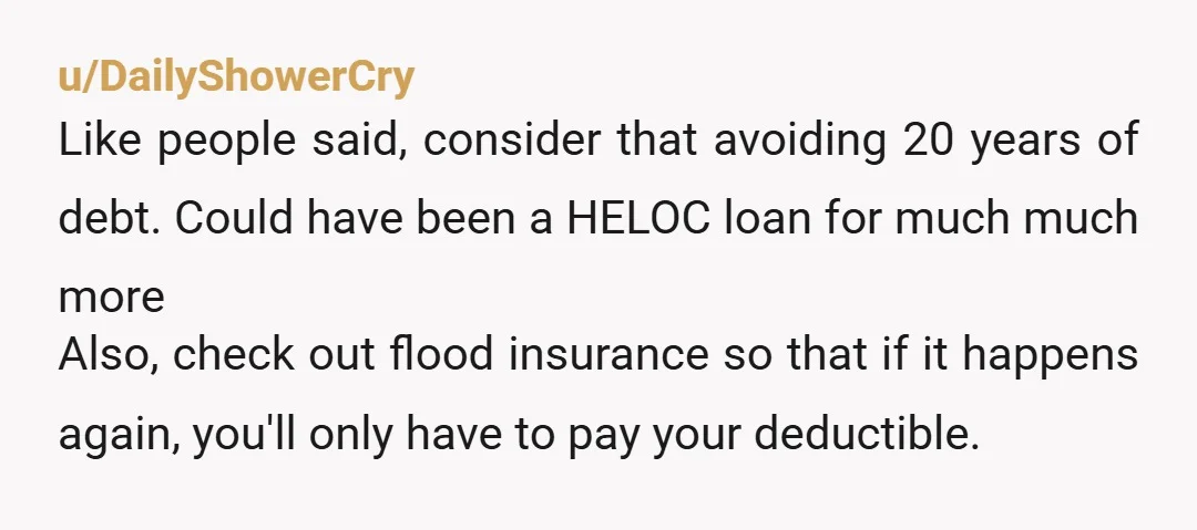 u/DailyShowerCry Like people said, consider that avoiding 20 years of debt. Could have been a HELOC loan for much much more Also, check out flood insurance so that if it...