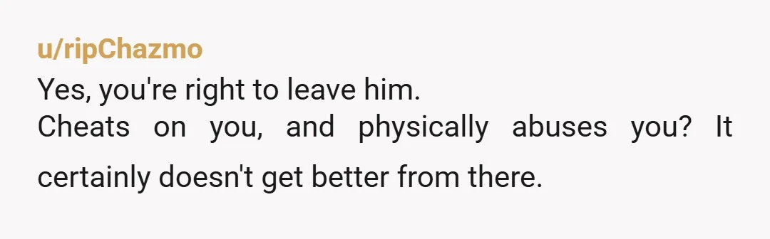 u/ripChazmo
Yes, you're right to leave him.
Cheats on you, and physically abuses you? It certainly doesn't get better from there.
