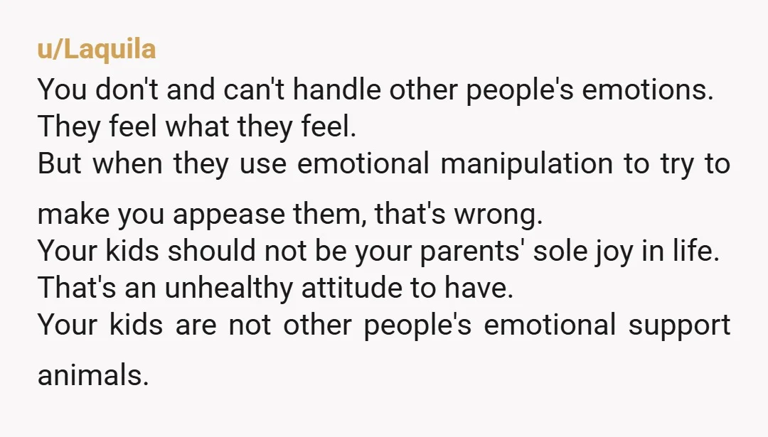 u/Laquila You don't and can't handle other people's emotions. They feel what they feel. But when they use emotional manipulation to try to make you appease them, that's wrong. Your...