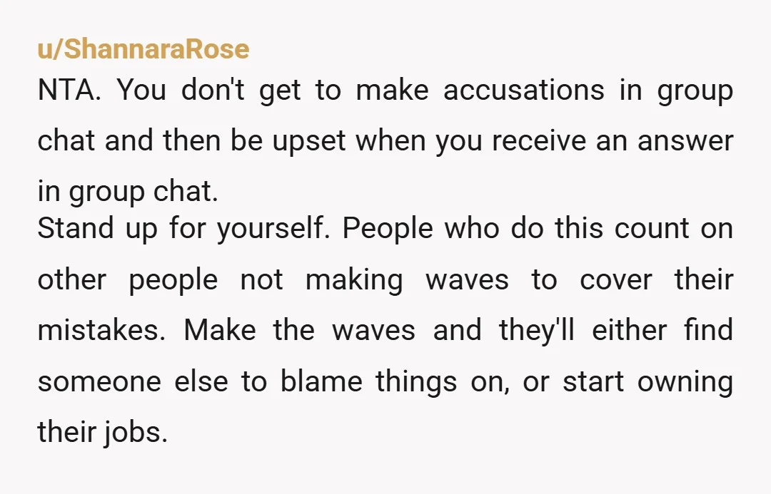 u/ShannaraRose NTA. You don't get to make accusations in group chat and then be upset when you receive an answer in group chat. Stand up for yourself. People who do...