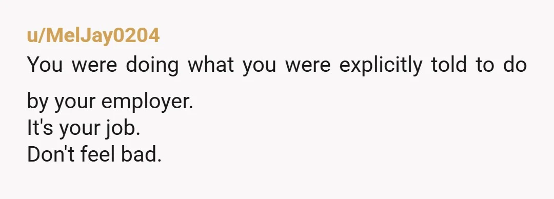 u/MelJay0204
You were doing what you were explicitly told to do by your employer.
It's your job.
Don't feel bad.