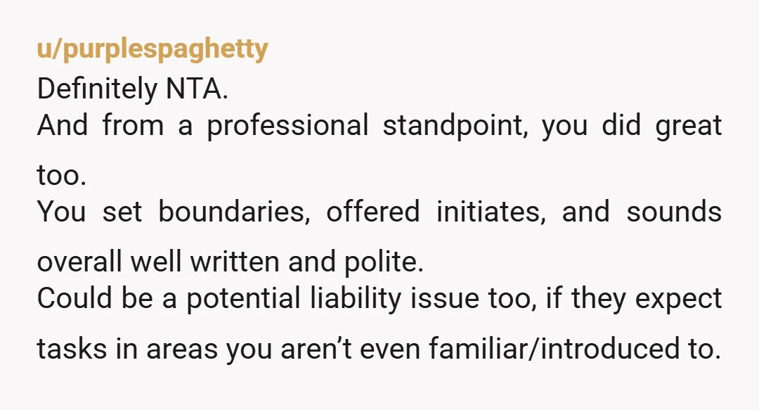 u/purplespaghetty Definitely NTA. And from a professional standpoint, you did great too. You set boundaries, offered initiates, and sounds overall well written and polite. Could be a potential liability issue...