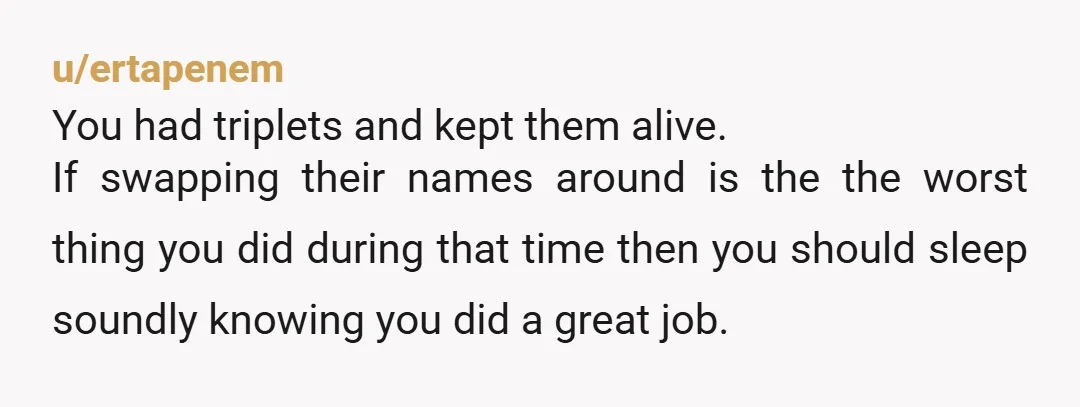 u/ertapenem You had triplets and kept them alive. If swapping their names around is the the worst thing you did during that time then you should sleep soundly knowing you...