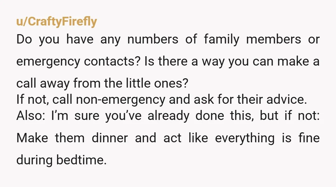u/CraftyFirefly Do you have any numbers of family members or emergency contacts? Is there a way you can make a call away from the little ones? If not, call non-emergency...