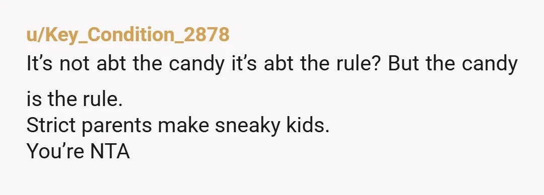 u/Key_Condition_2878
It’s not abt the candy it’s abt the rule? But the candy is the rule.
Strict parents make sneaky kids.
You’re NTA