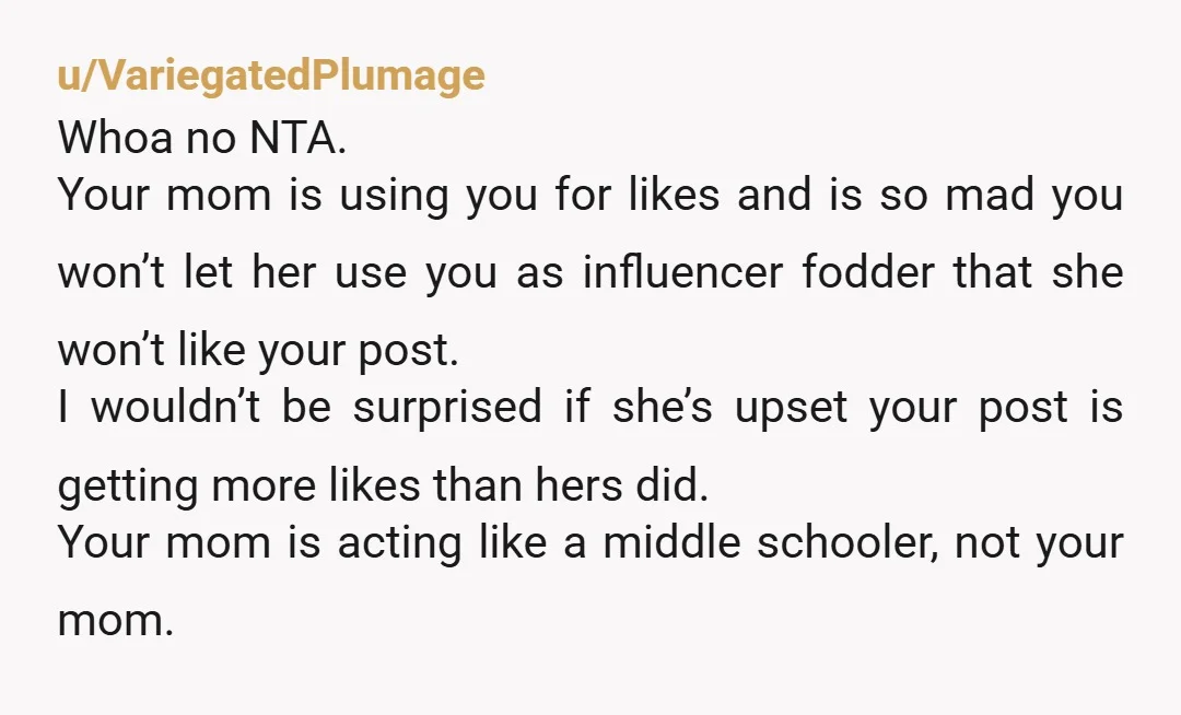 u/VariegatedPlumage Whoa no NTA. Your mom is using you for likes and is so mad you won’t let her use you as influencer fodder that she won’t like your post....